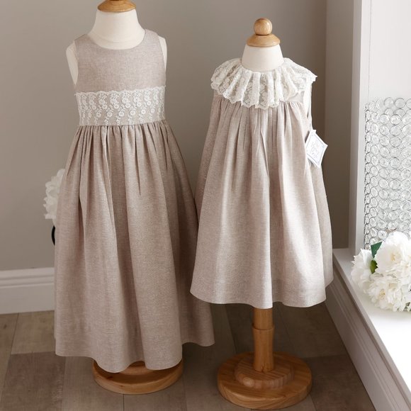 Linen Dress Girls Flax Bailey Boys Boutique Vintage Lace Trim LIKE NEW - Picture 6 of 8